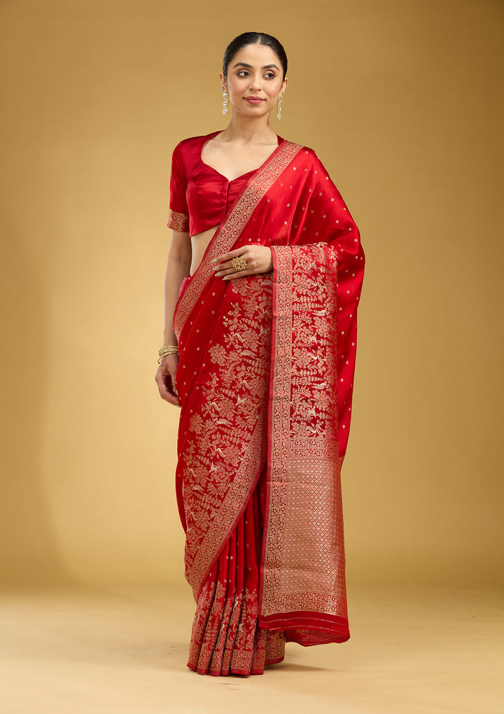 Red Crepe Buti Gold Zariwork Saree With Matching Blouse Piece