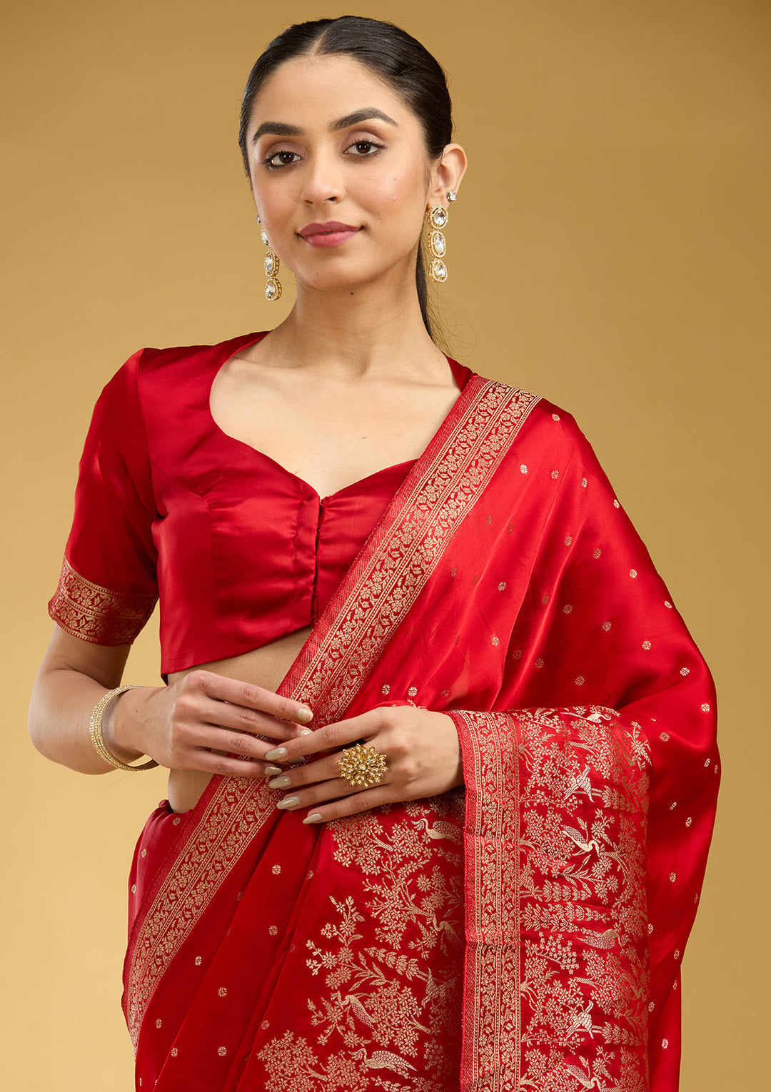 Red Crepe Buti Gold Zariwork Saree With Matching Blouse Piece