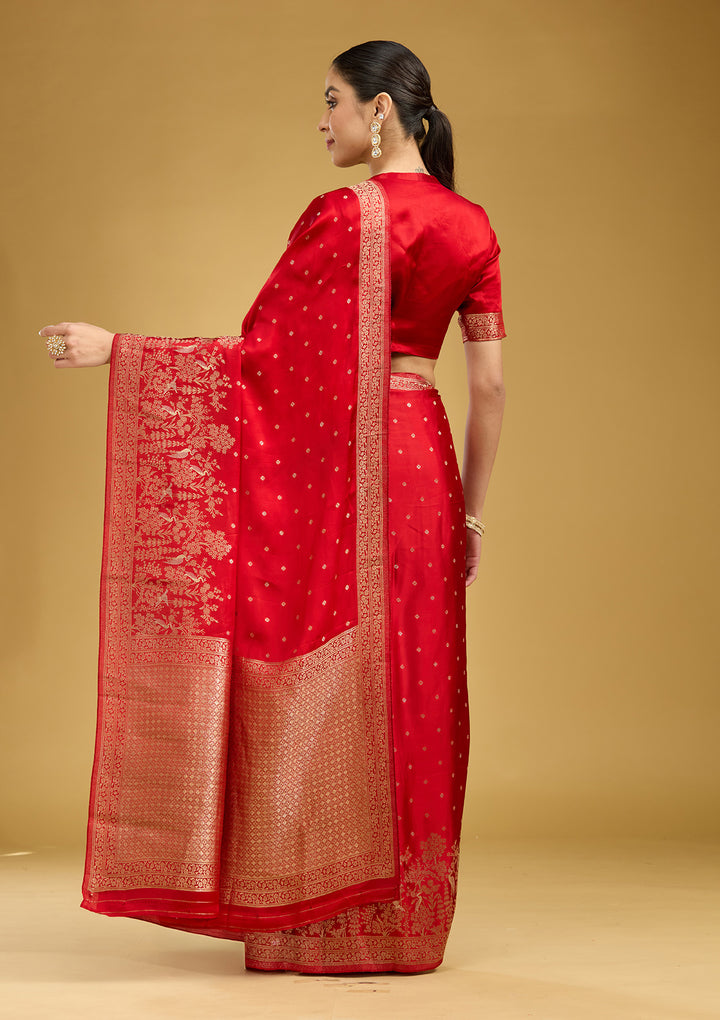 Red Crepe Buti Gold Zariwork Saree With Matching Blouse Piece