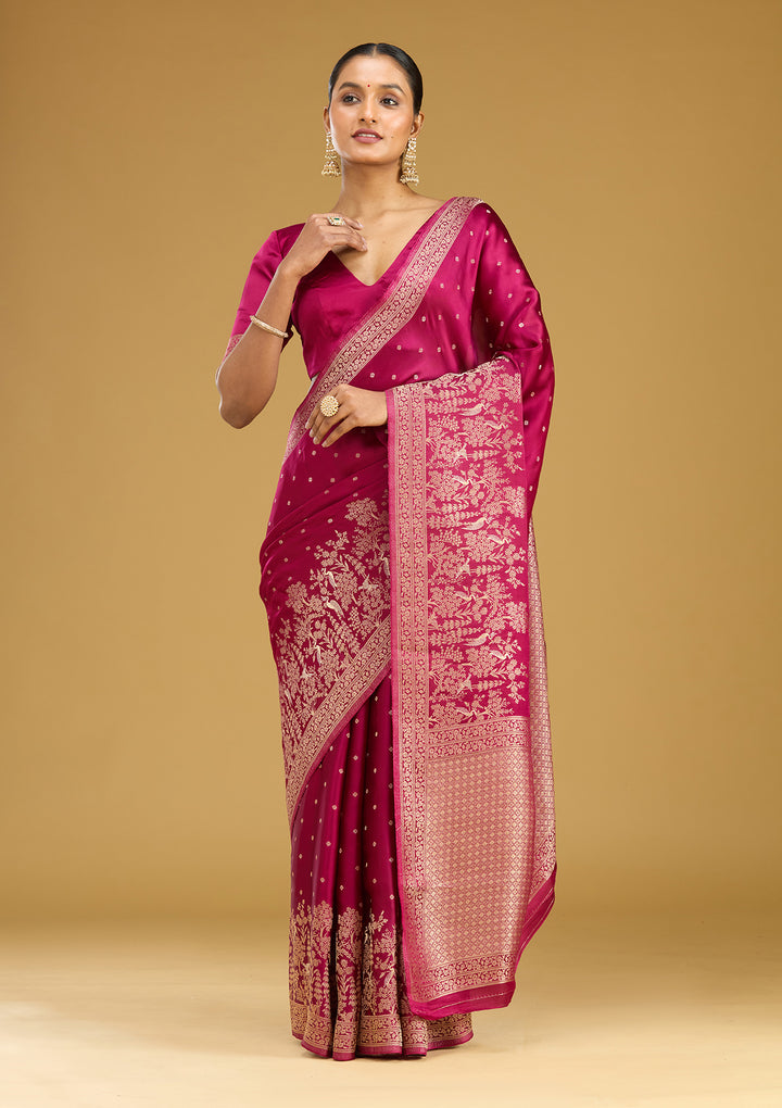 Wine Crepe Buti Gold Zariwork Saree With Matching Blouse Piece