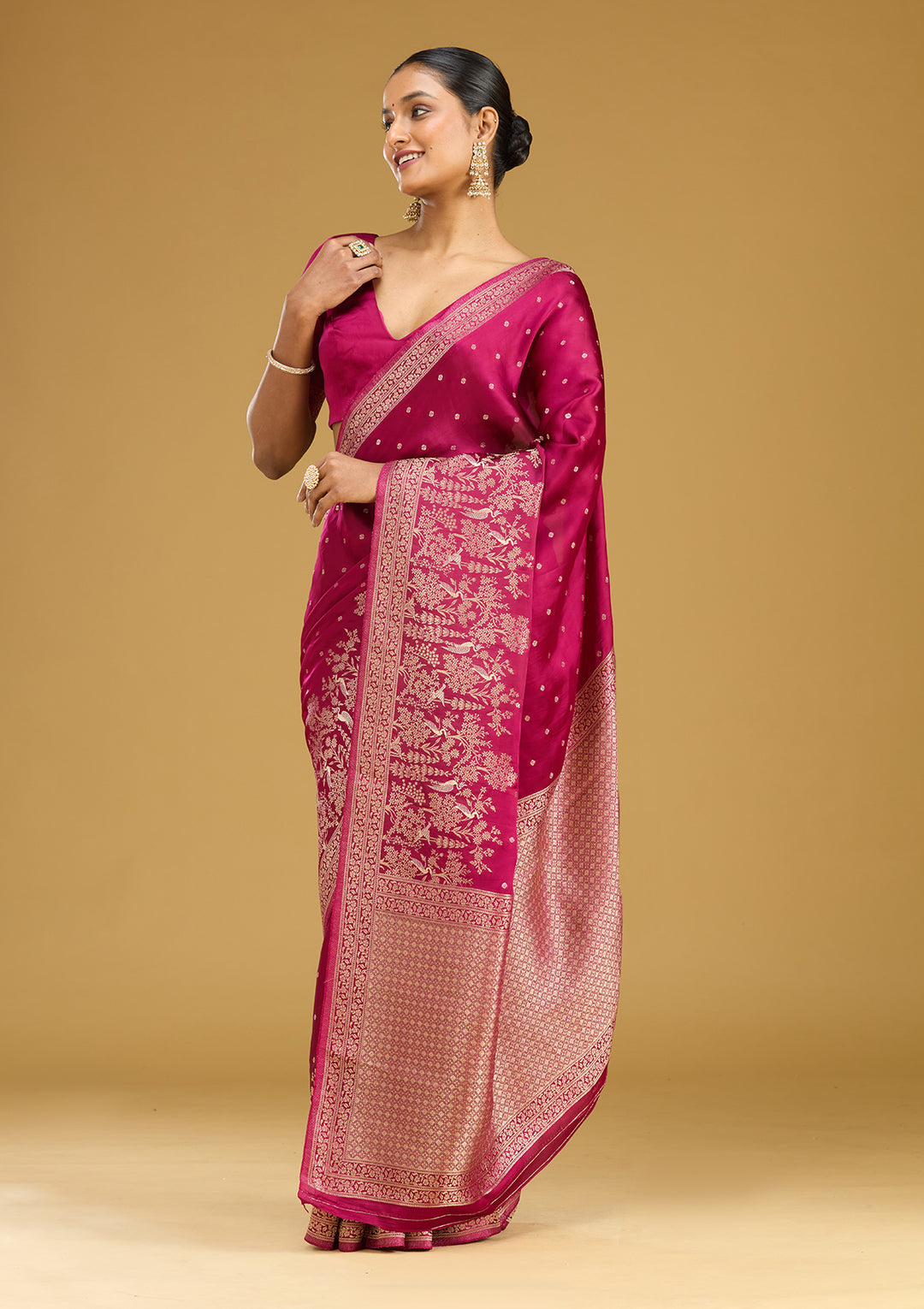 Wine Crepe Buti Gold Zariwork Saree With Matching Blouse Piece
