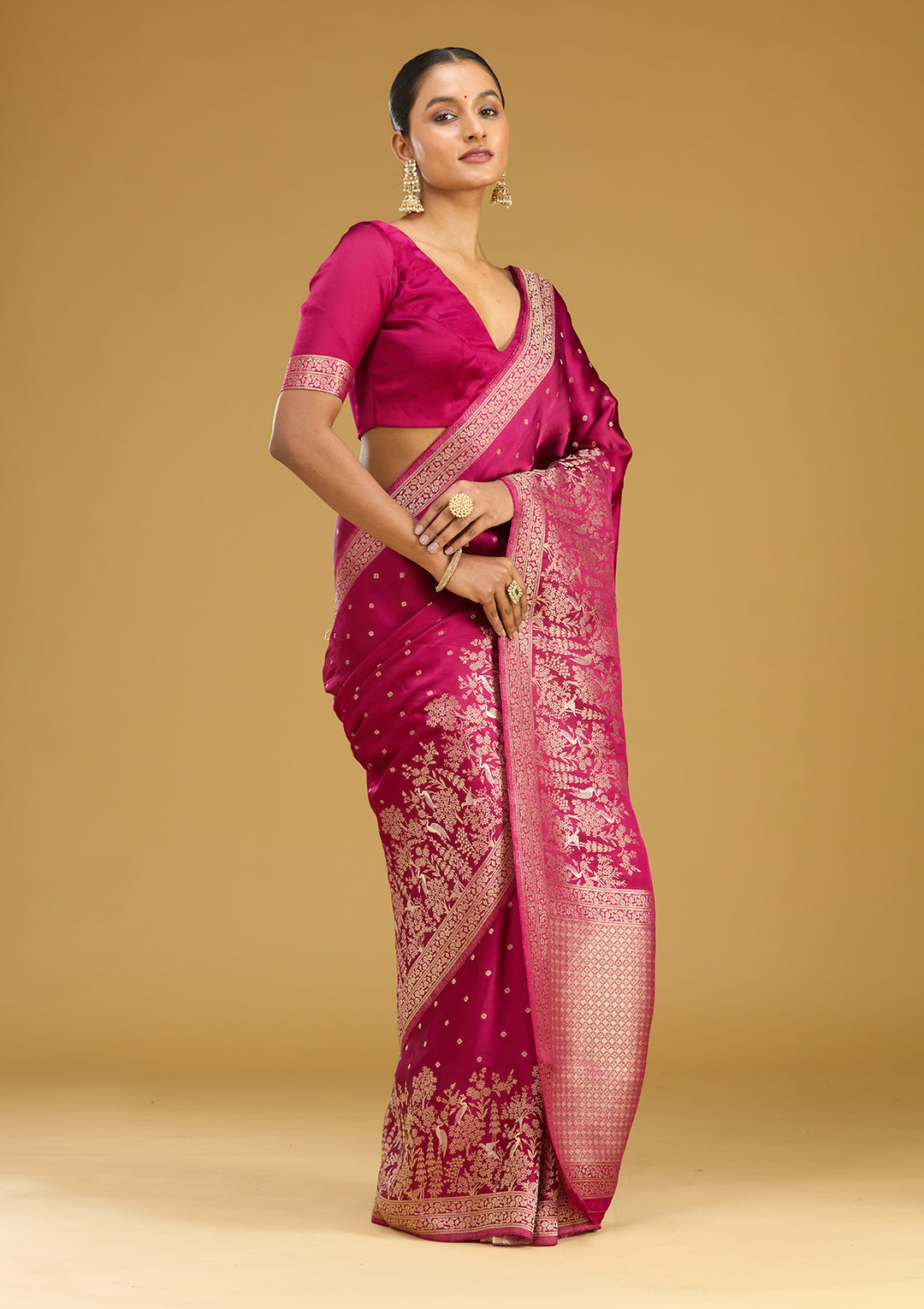 Wine Crepe Buti Gold Zariwork Saree With Matching Blouse Piece