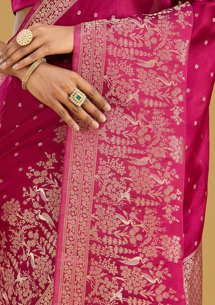 Wine Crepe Buti Gold Zariwork Saree With Matching Blouse Piece