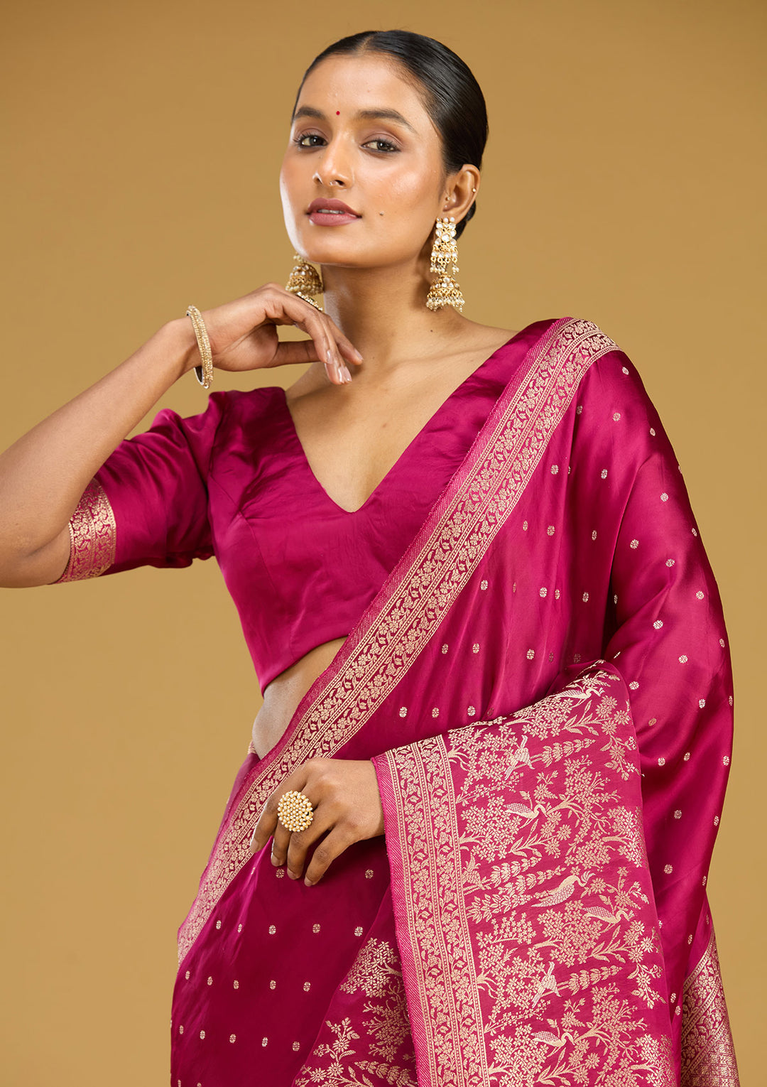 Wine Crepe Buti Gold Zariwork Saree With Matching Blouse Piece