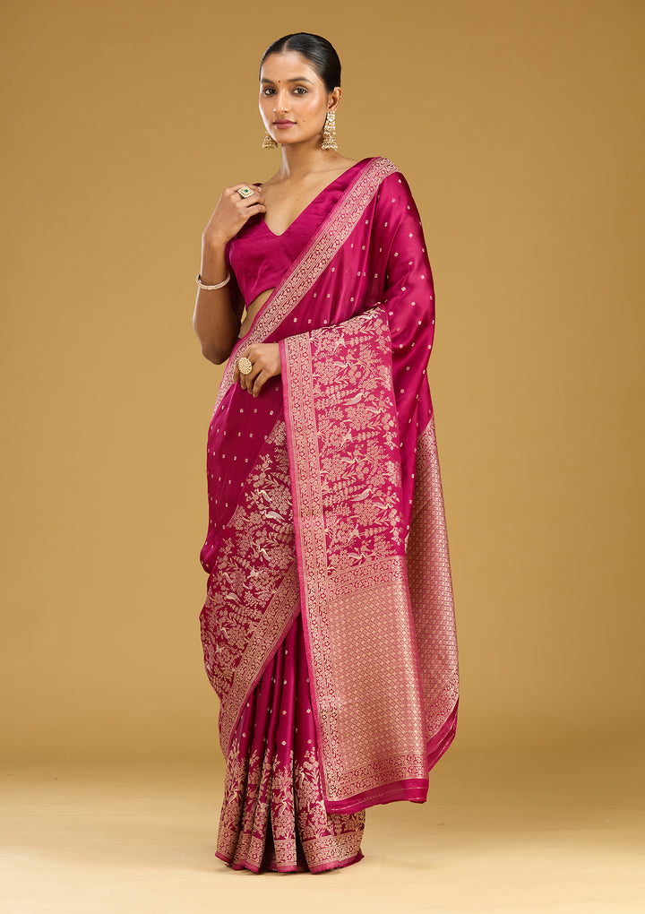 Wine Crepe Buti Gold Zariwork Saree With Matching Blouse Piece