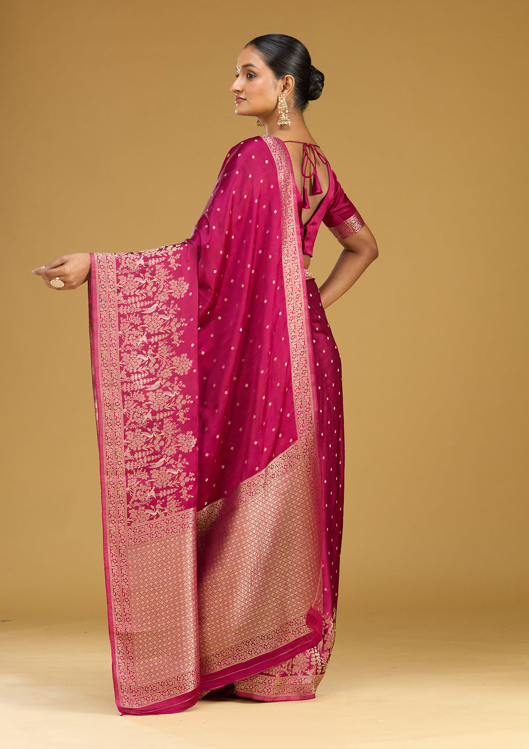 Wine Crepe Buti Gold Zariwork Saree With Matching Blouse Piece