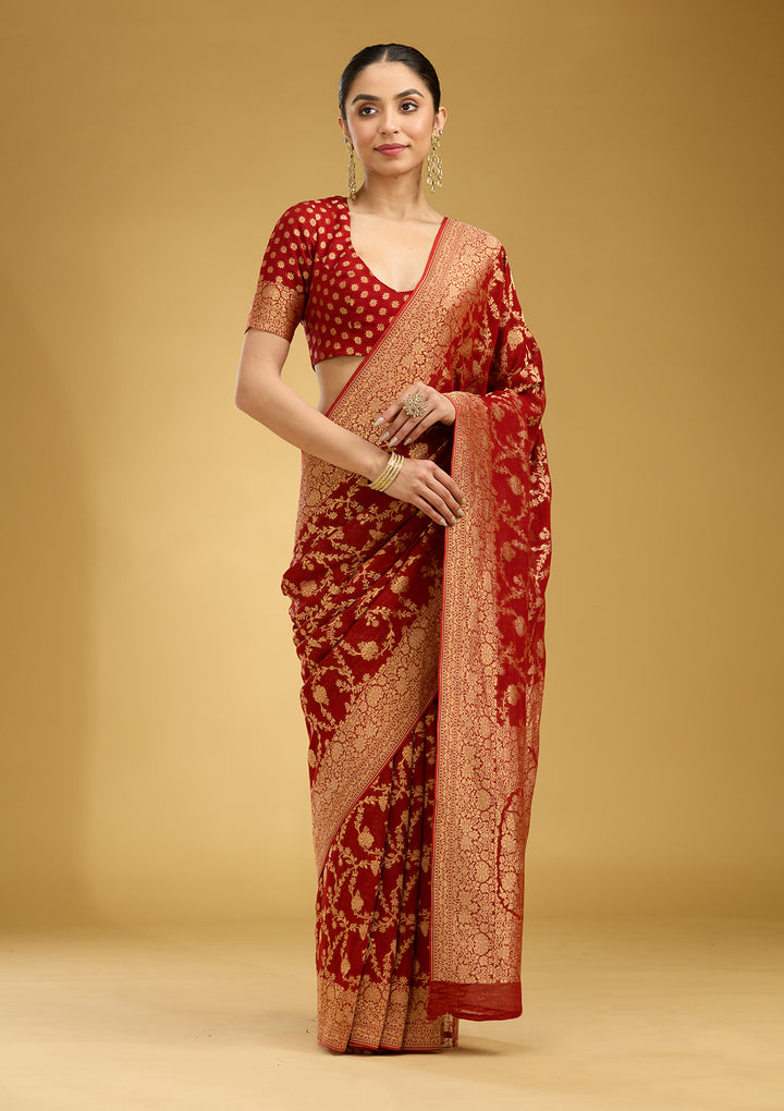 Rust Crepe Jaal Gold Zariwork Saree With Matching Blouse Piece