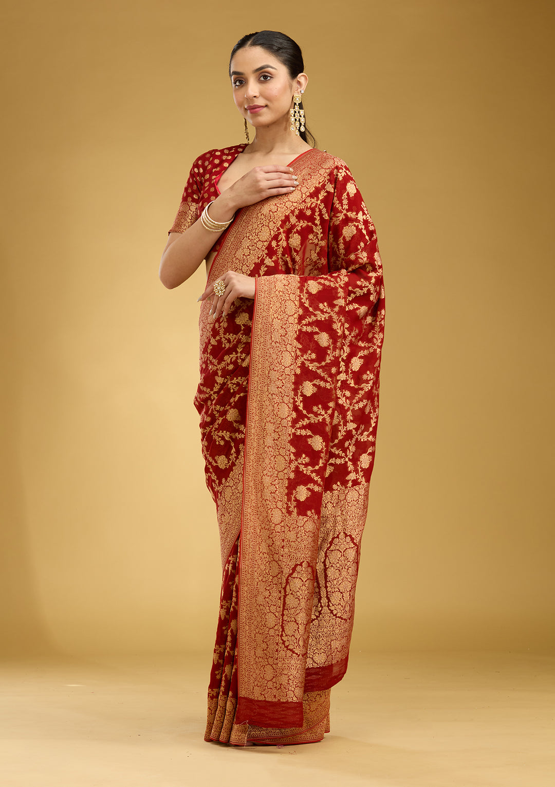 Rust Crepe Jaal Gold Zariwork Saree With Matching Blouse Piece