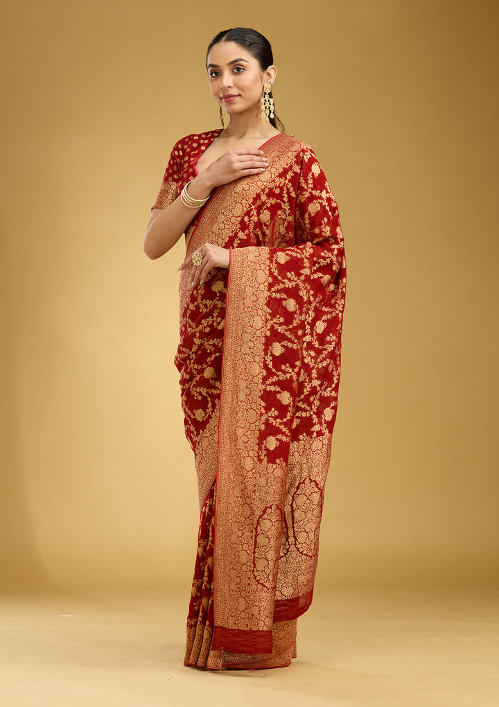 Rust Crepe Jaal Gold Zariwork Saree With Matching Blouse Piece