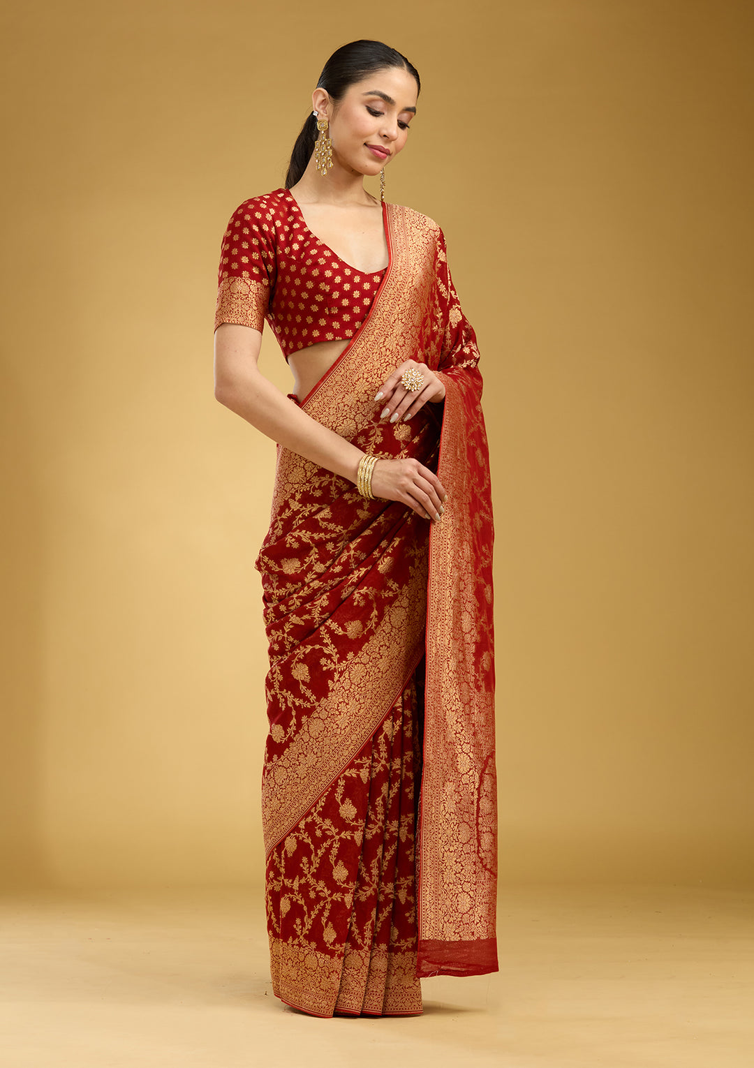 Rust Crepe Jaal Gold Zariwork Saree With Matching Blouse Piece