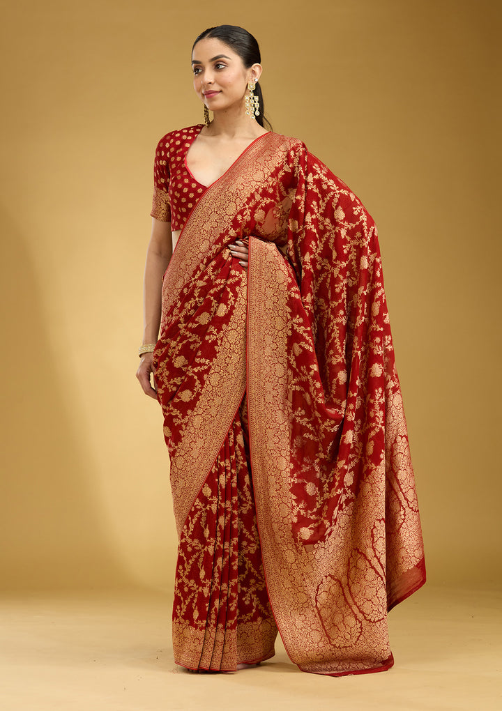 Rust Crepe Jaal Gold Zariwork Saree With Matching Blouse Piece