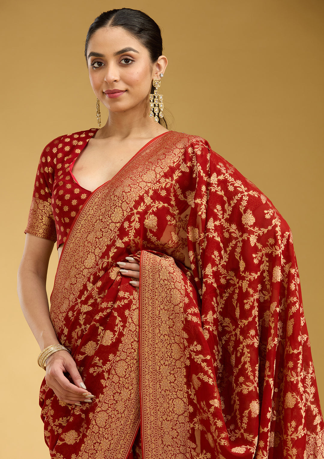Rust Crepe Jaal Gold Zariwork Saree With Matching Blouse Piece