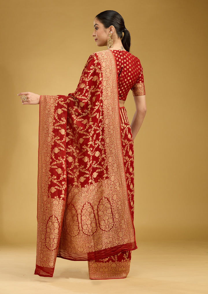 Rust Crepe Jaal Gold Zariwork Saree With Matching Blouse Piece