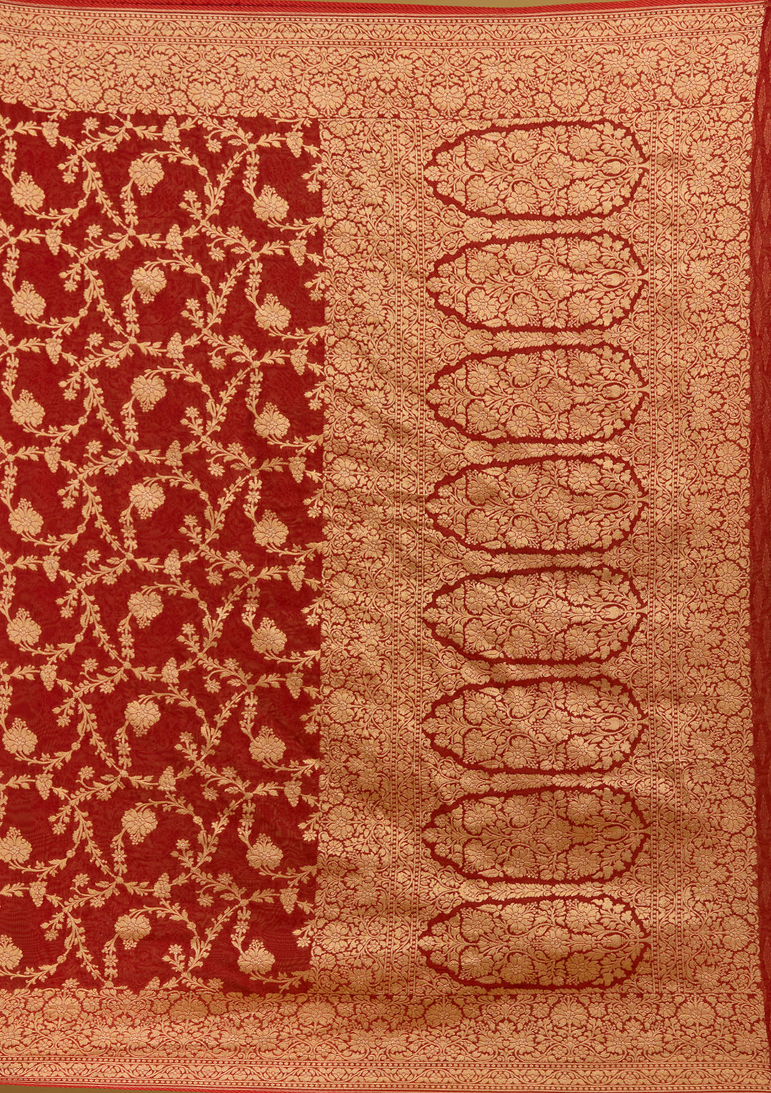 Rust Crepe Jaal Gold Zariwork Saree With Matching Blouse Piece