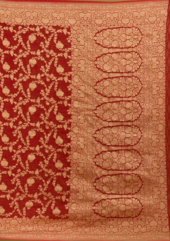 Rust Crepe Jaal Gold Zariwork Saree With Matching Blouse Piece