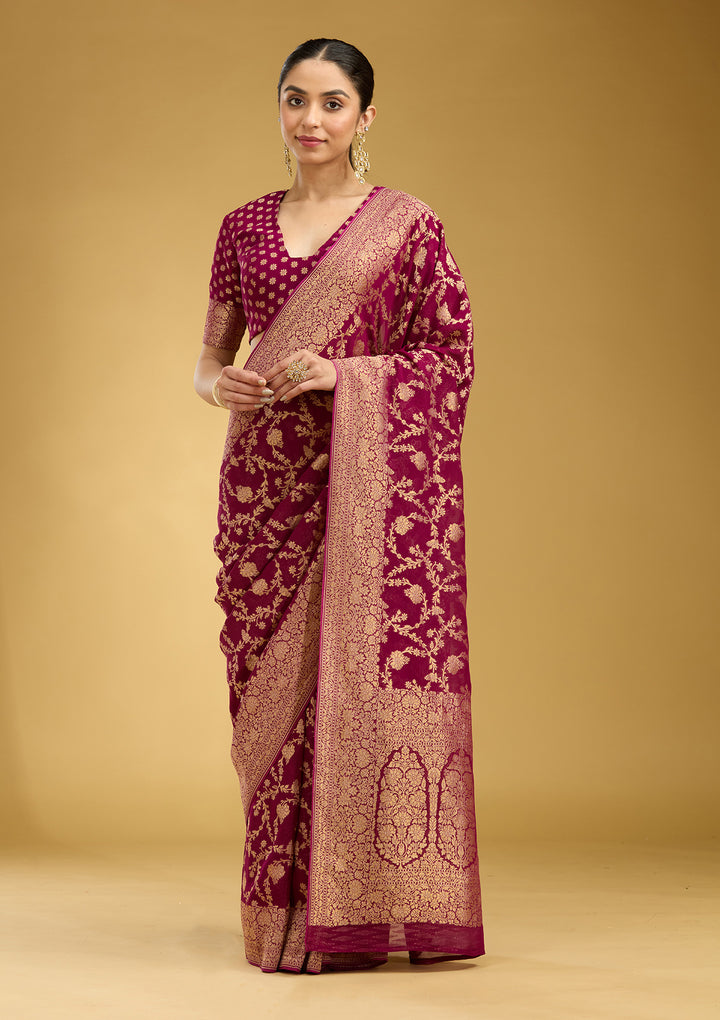 Wine Crepe Jaal Gold Zariwork Saree With Matching Blouse Piece
