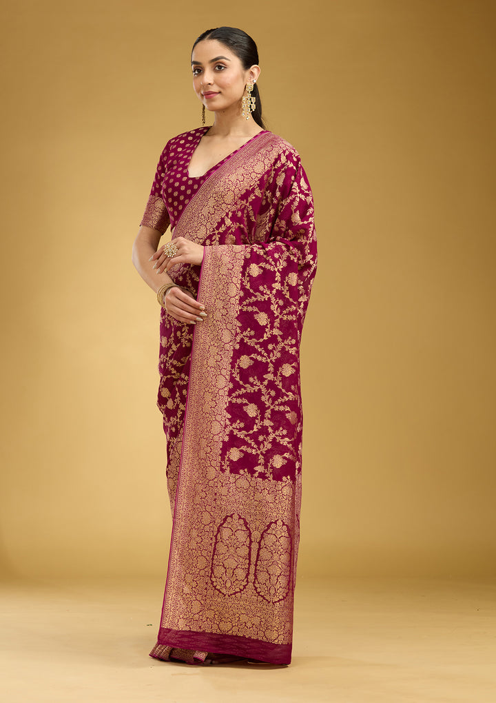 Wine Crepe Jaal Gold Zariwork Saree With Matching Blouse Piece