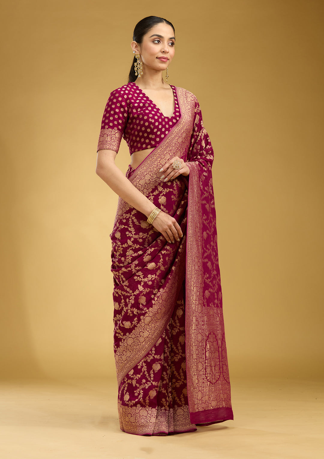 Wine Crepe Jaal Gold Zariwork Saree With Matching Blouse Piece