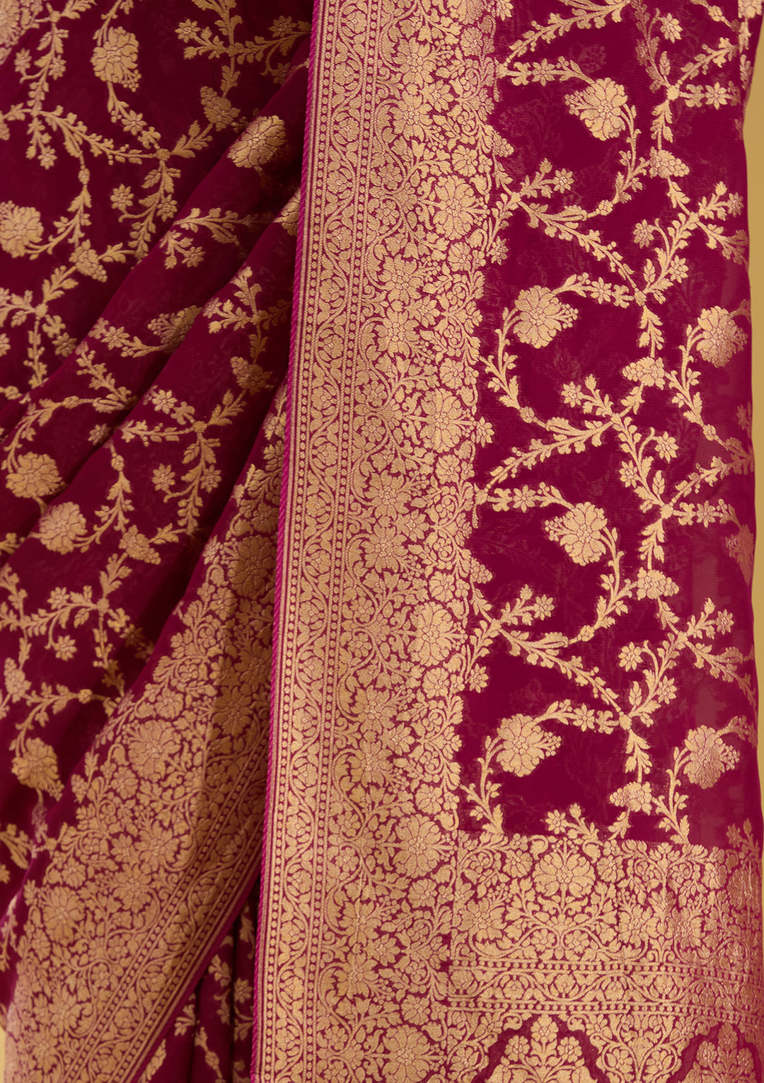 Wine Crepe Jaal Gold Zariwork Saree With Matching Blouse Piece