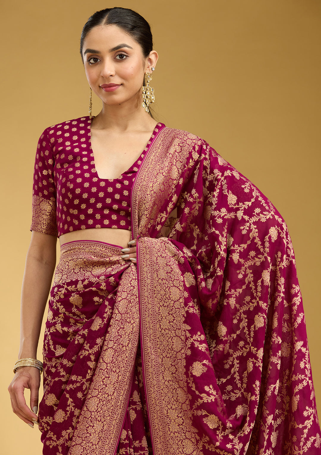 Wine Crepe Jaal Gold Zariwork Saree With Matching Blouse Piece