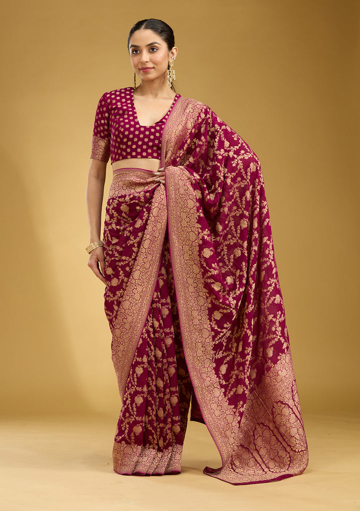 Wine Crepe Jaal Gold Zariwork Saree With Matching Blouse Piece