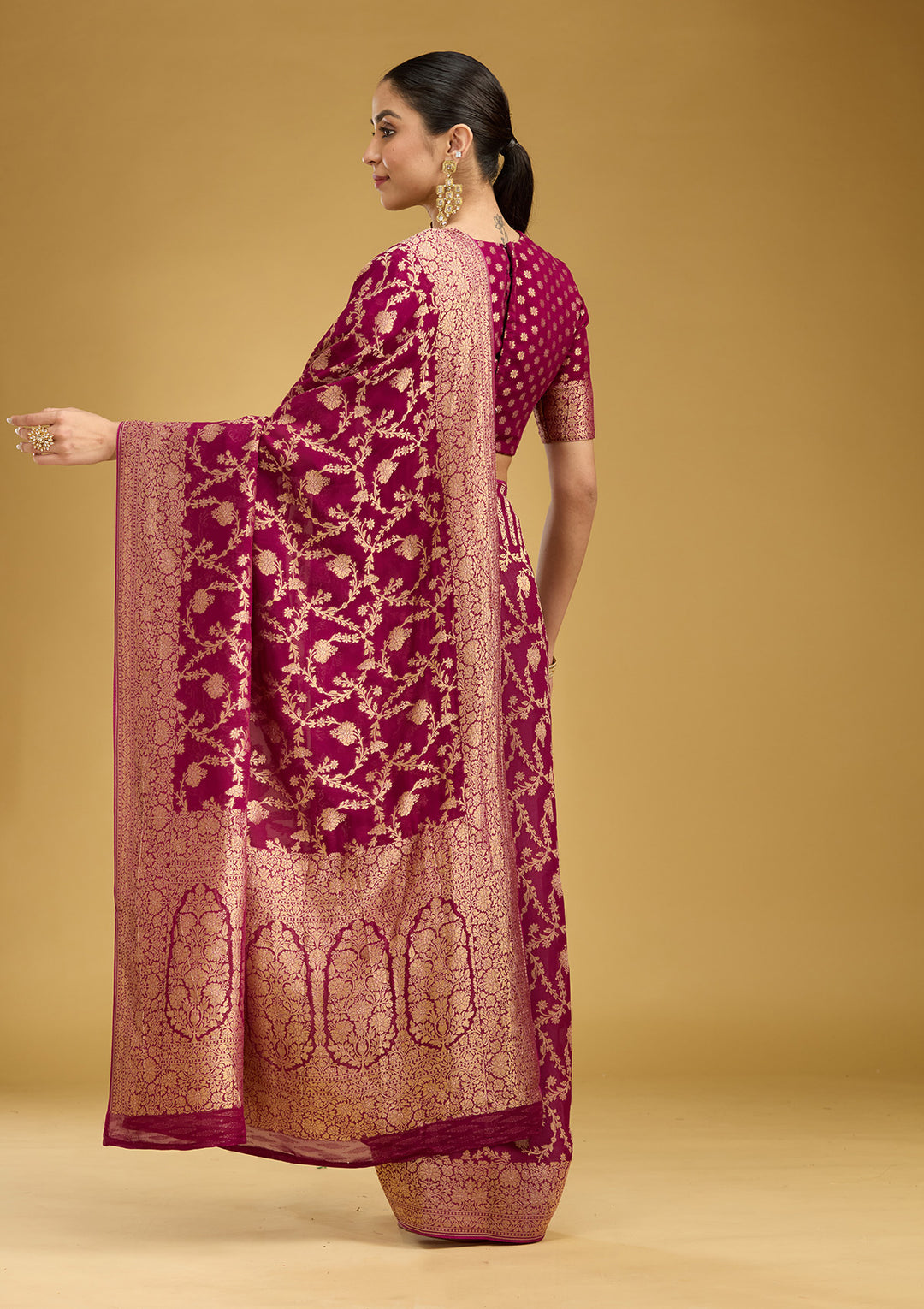 Wine Crepe Jaal Gold Zariwork Saree With Matching Blouse Piece