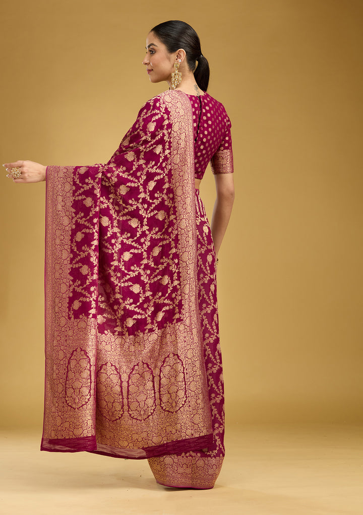 Wine Crepe Jaal Gold Zariwork Saree With Matching Blouse Piece