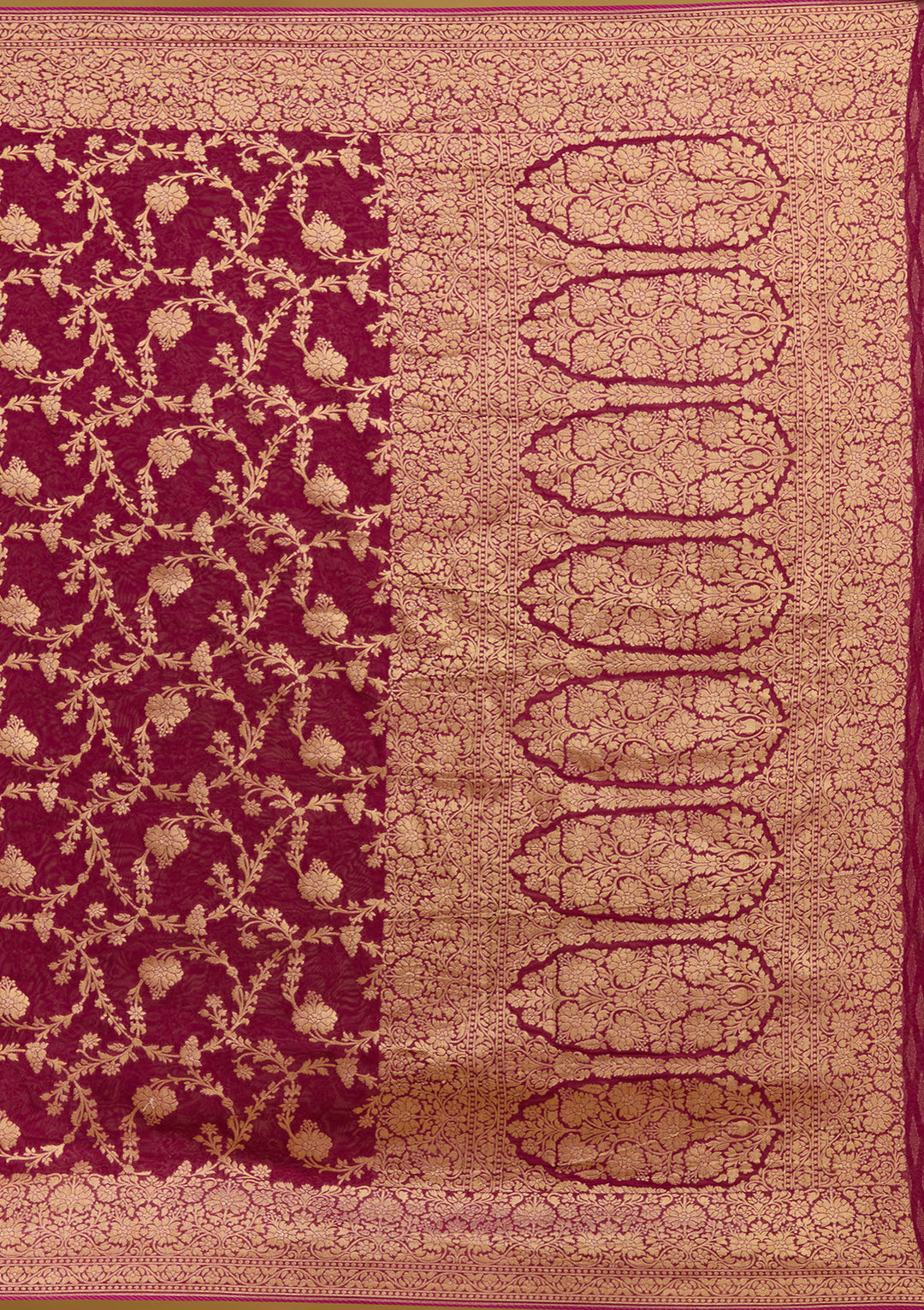 Wine Crepe Jaal Gold Zariwork Saree With Matching Blouse Piece