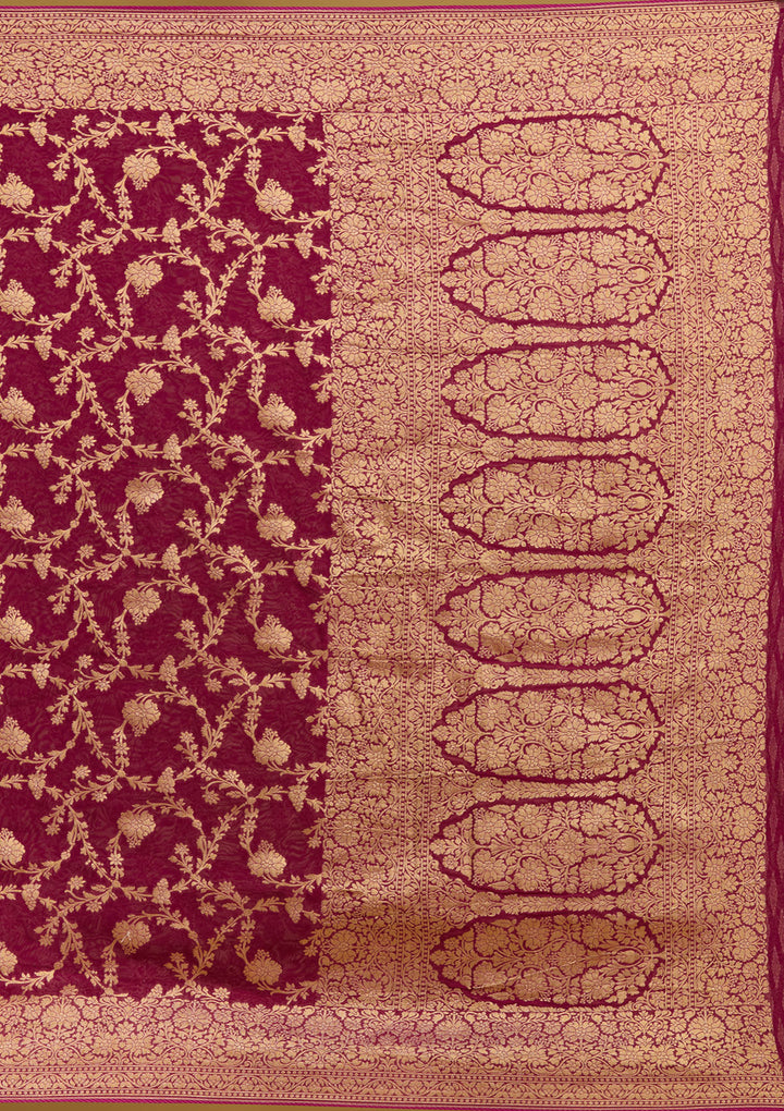 Wine Crepe Jaal Gold Zariwork Saree With Matching Blouse Piece