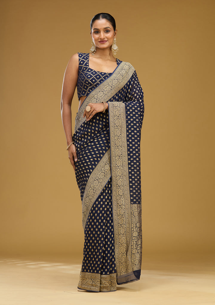 Navy Blue Georgette Buti Zariwork Saree With Matching Blouse Piece