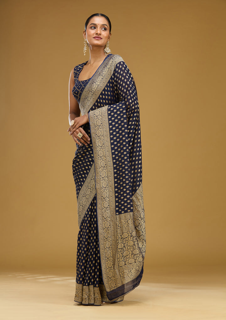 Navy Blue Georgette Buti Zariwork Saree With Matching Blouse Piece