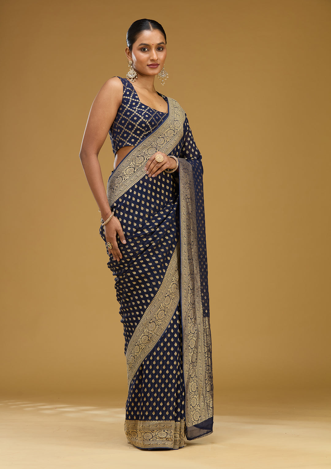 Navy Blue Georgette Buti Zariwork Saree With Matching Blouse Piece