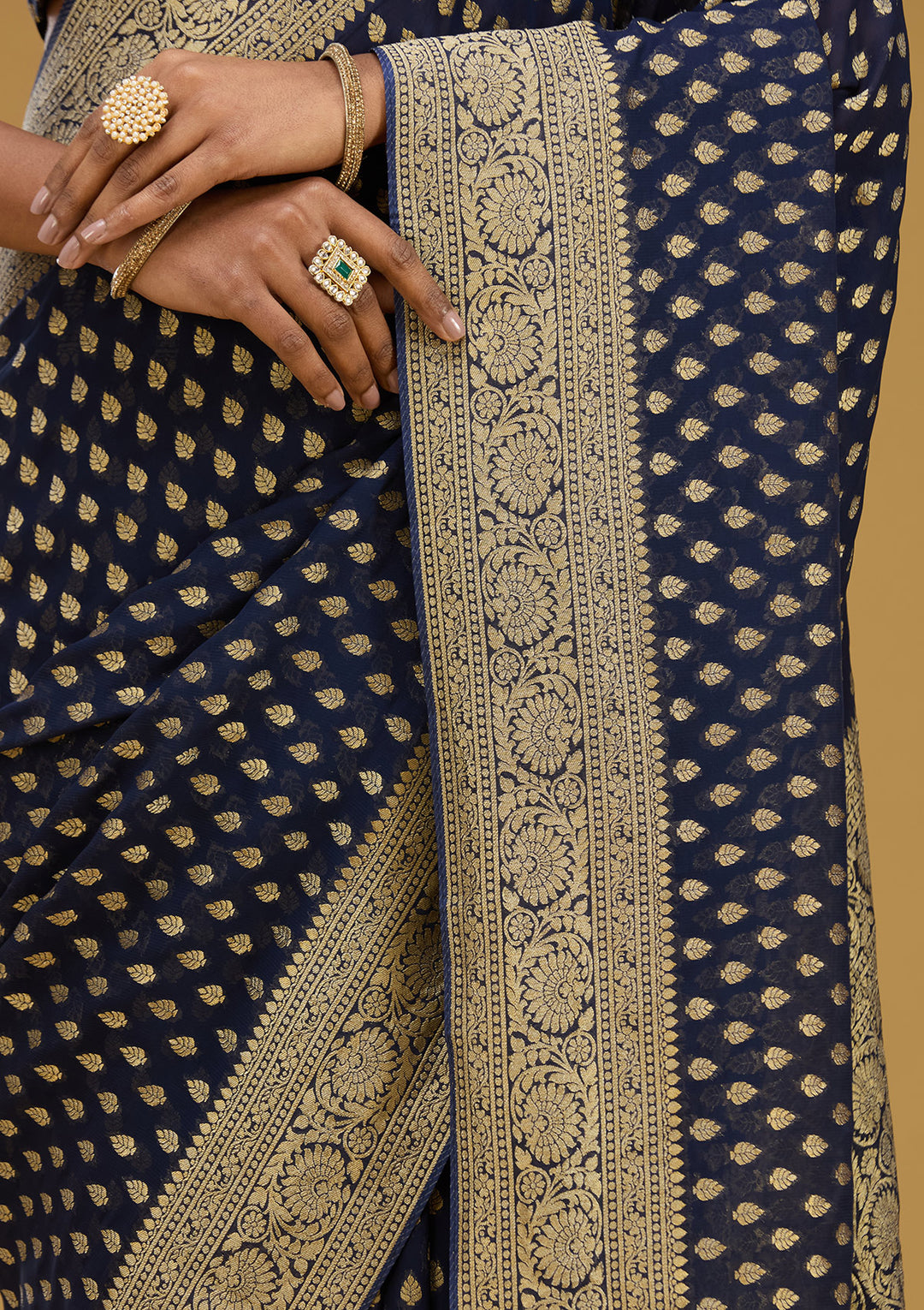 Navy Blue Georgette Buti Zariwork Saree With Matching Blouse Piece