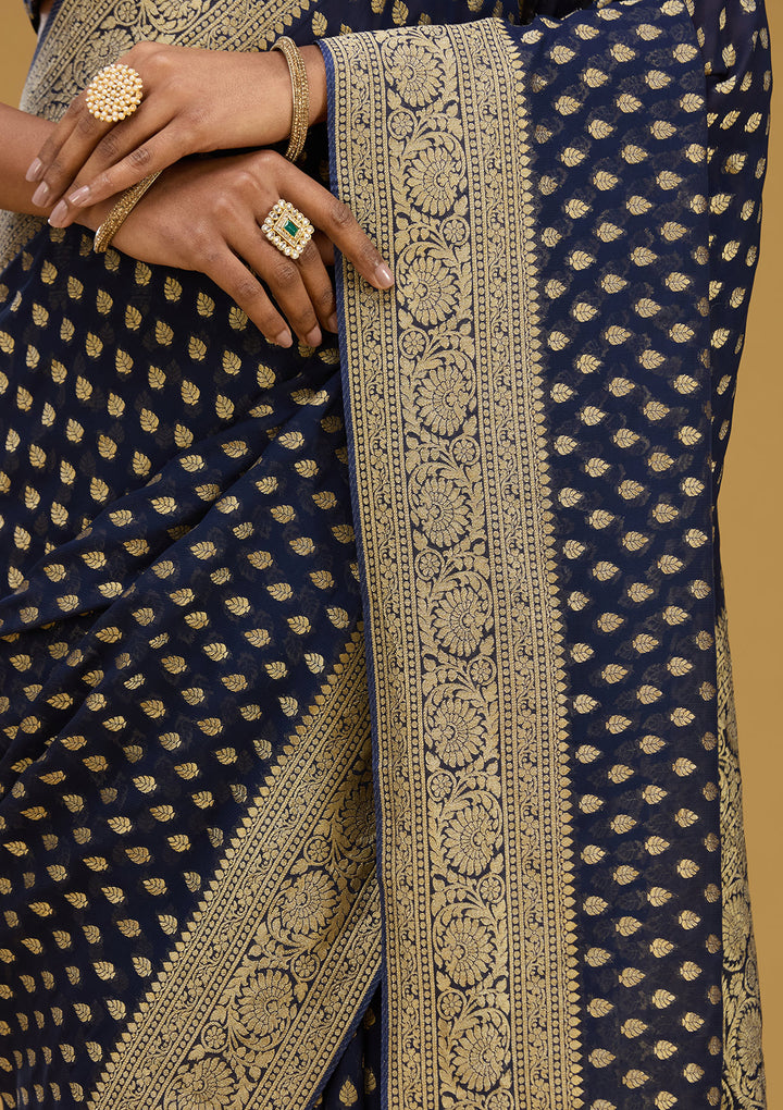 Navy Blue Georgette Buti Zariwork Saree With Matching Blouse Piece