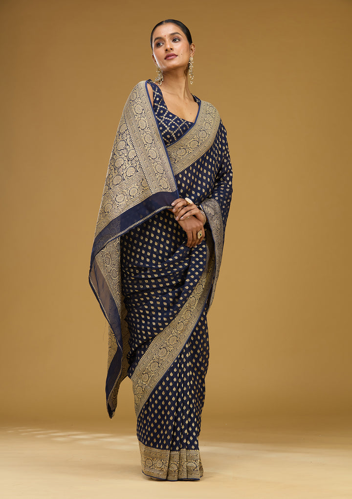 Navy Blue Georgette Buti Zariwork Saree With Matching Blouse Piece