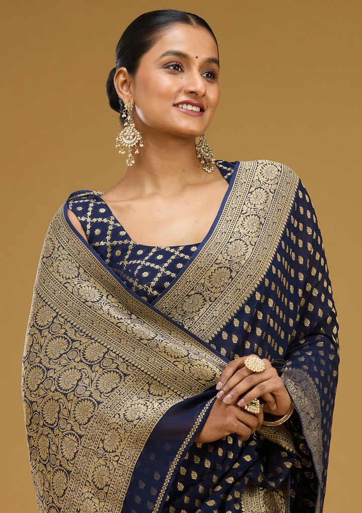 Navy Blue Georgette Buti Zariwork Saree With Matching Blouse Piece