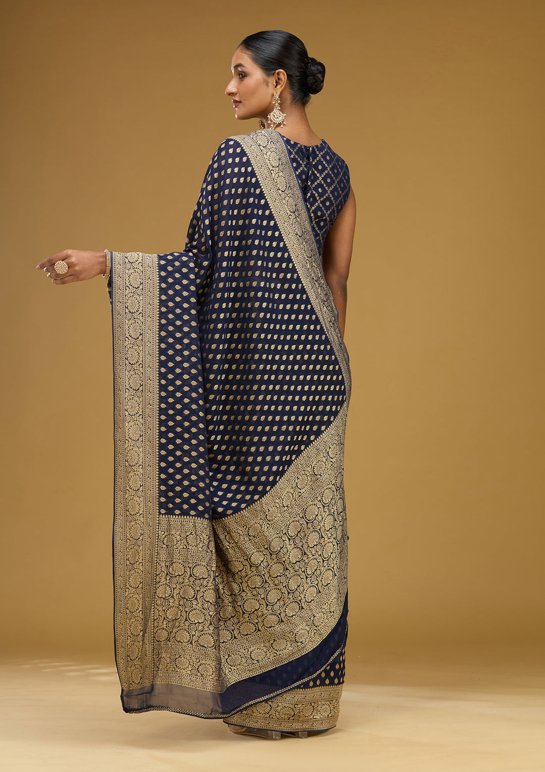 Navy Blue Georgette Buti Zariwork Saree With Matching Blouse Piece