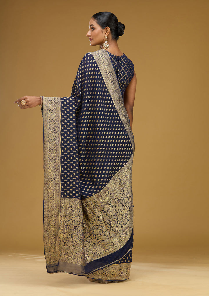 Navy Blue Georgette Buti Zariwork Saree With Matching Blouse Piece