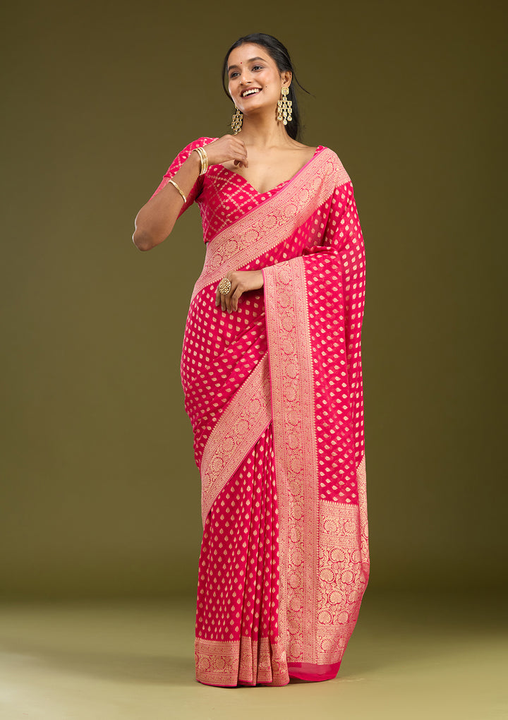 Pink Georgette Buti Zariwork Saree With Matching Blouse Piece