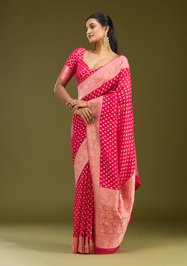 Pink Georgette Buti Zariwork Saree With Matching Blouse Piece