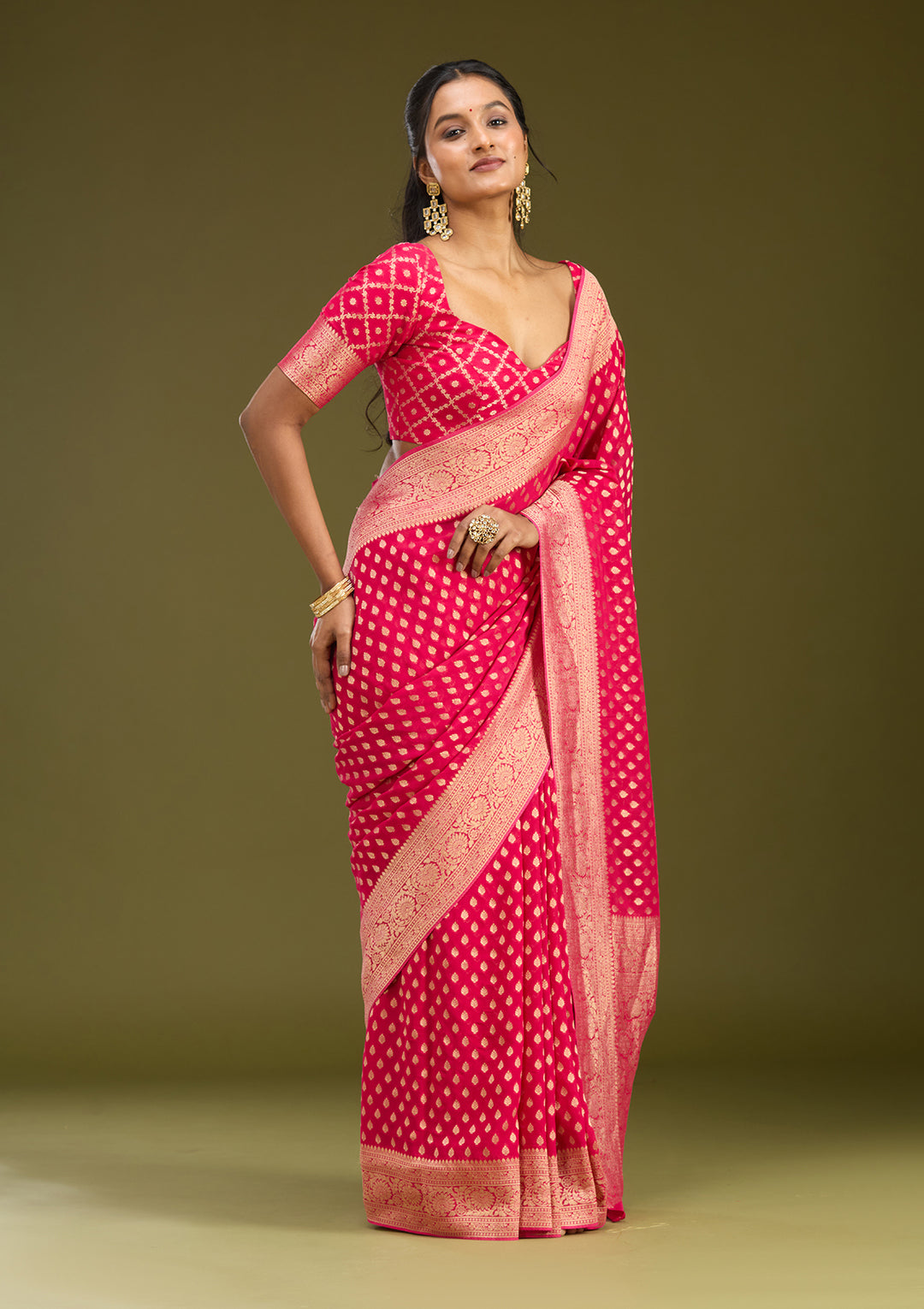 Pink Georgette Buti Zariwork Saree With Matching Blouse Piece