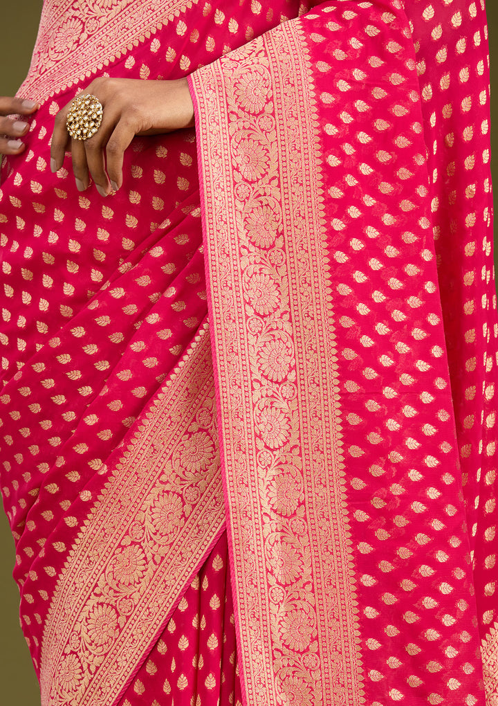 Pink Georgette Buti Zariwork Saree With Matching Blouse Piece