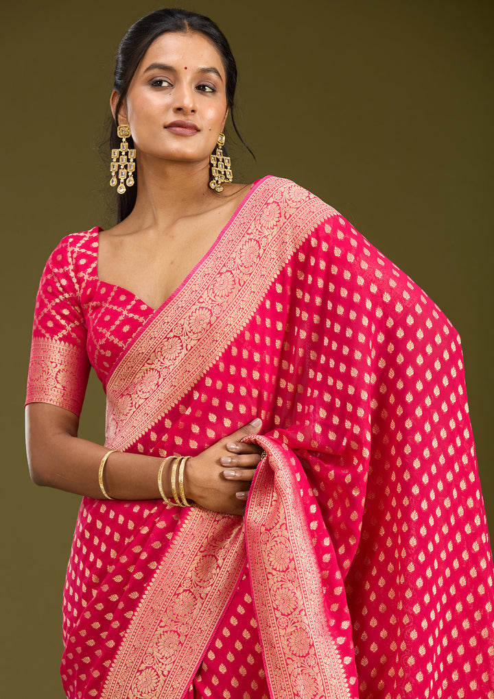 Pink Georgette Buti Zariwork Saree With Matching Blouse Piece