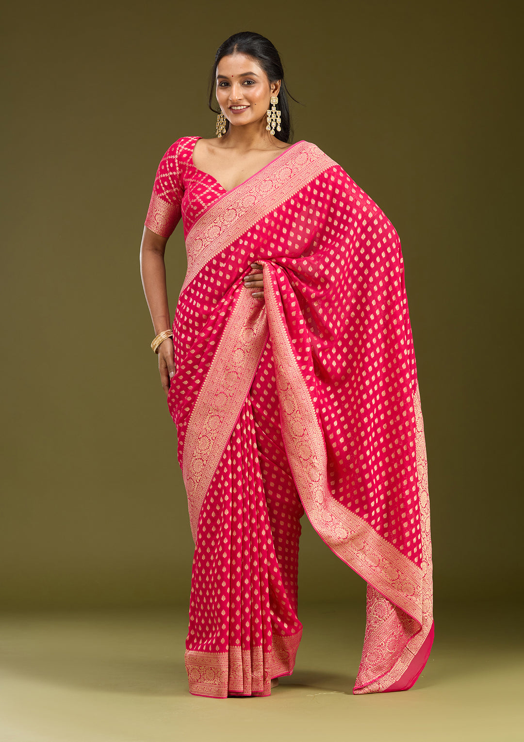 Pink Georgette Buti Zariwork Saree With Matching Blouse Piece