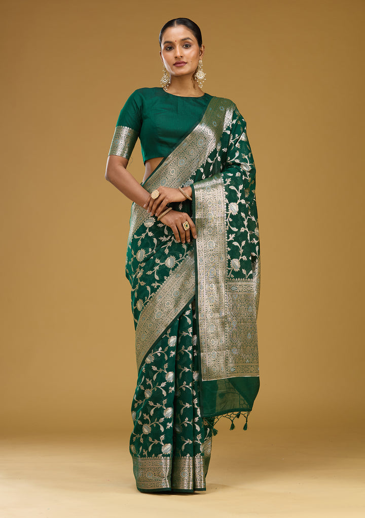 Bottle Green Cotton Jaal Zariwork Saree With Matching Blouse Piece