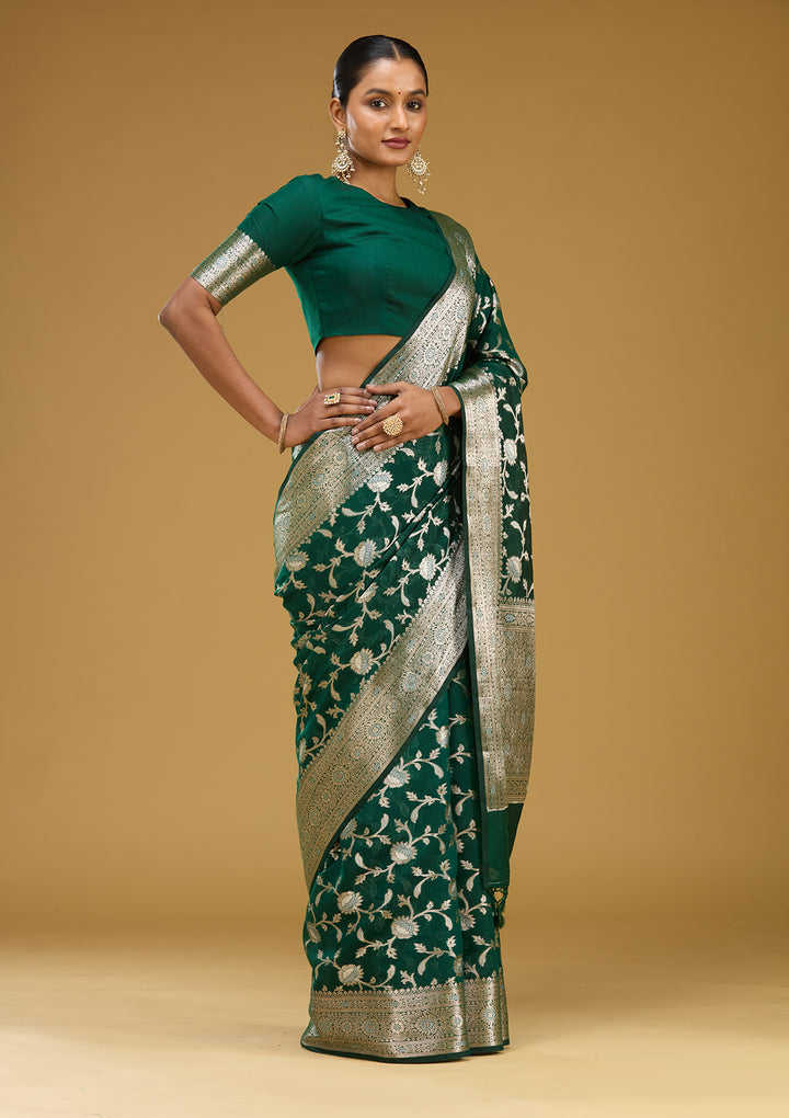 Bottle Green Cotton Jaal Zariwork Saree With Matching Blouse Piece