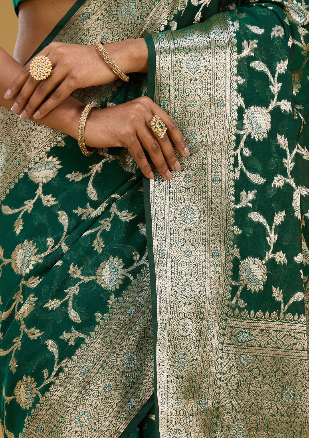 Bottle Green Cotton Jaal Zariwork Saree With Matching Blouse Piece