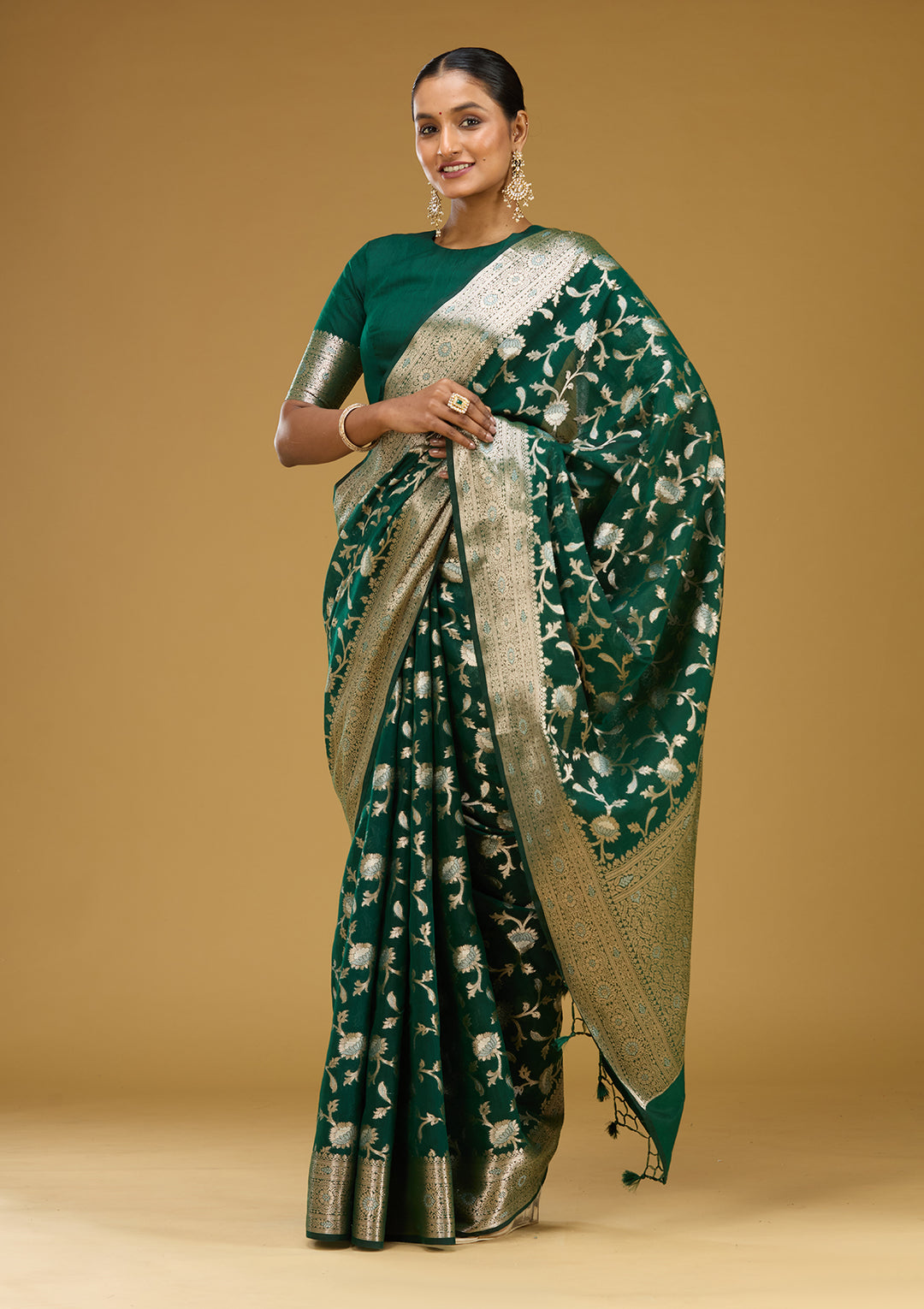 Bottle Green Cotton Jaal Zariwork Saree With Matching Blouse Piece