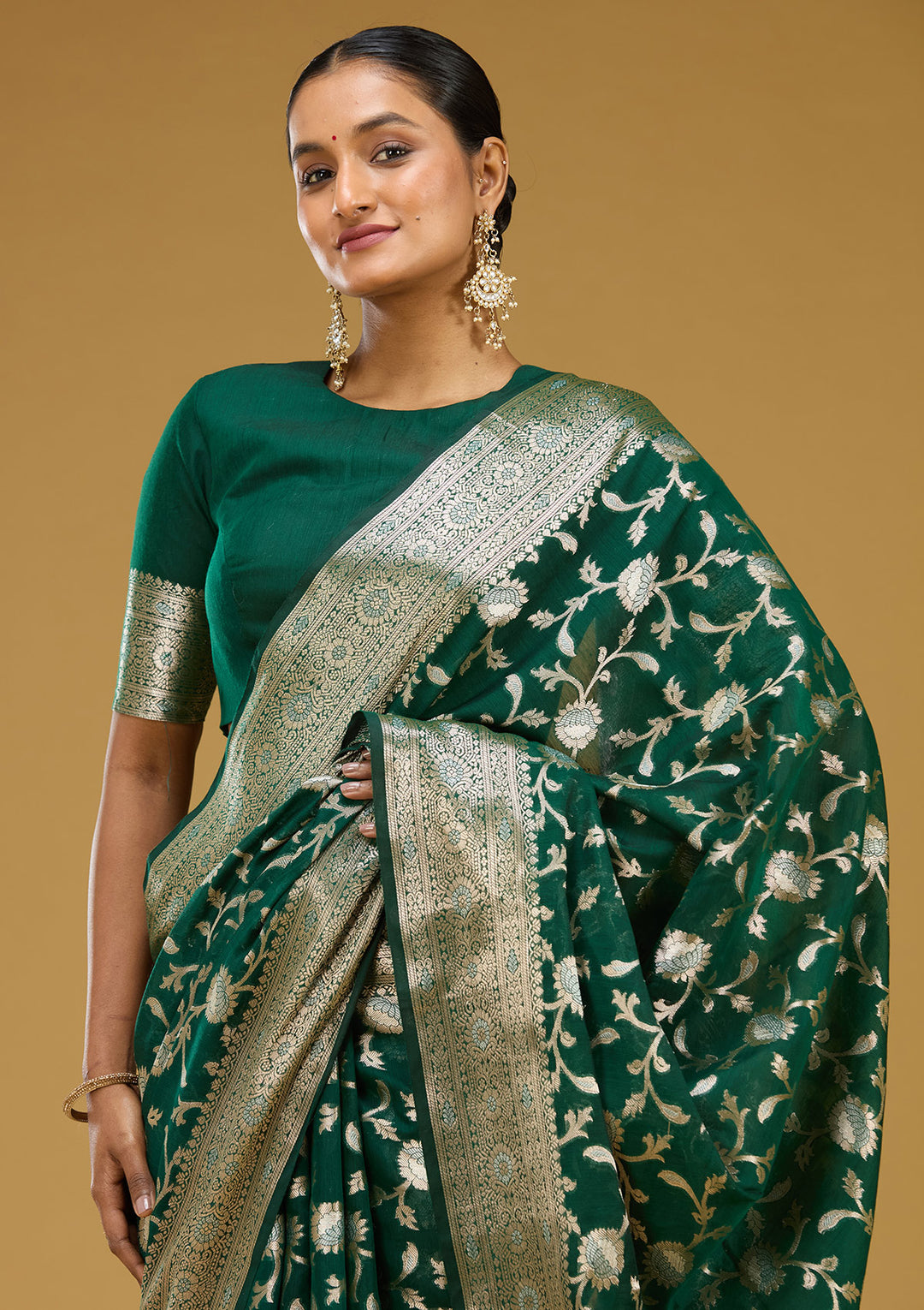 Bottle Green Cotton Jaal Zariwork Saree With Matching Blouse Piece