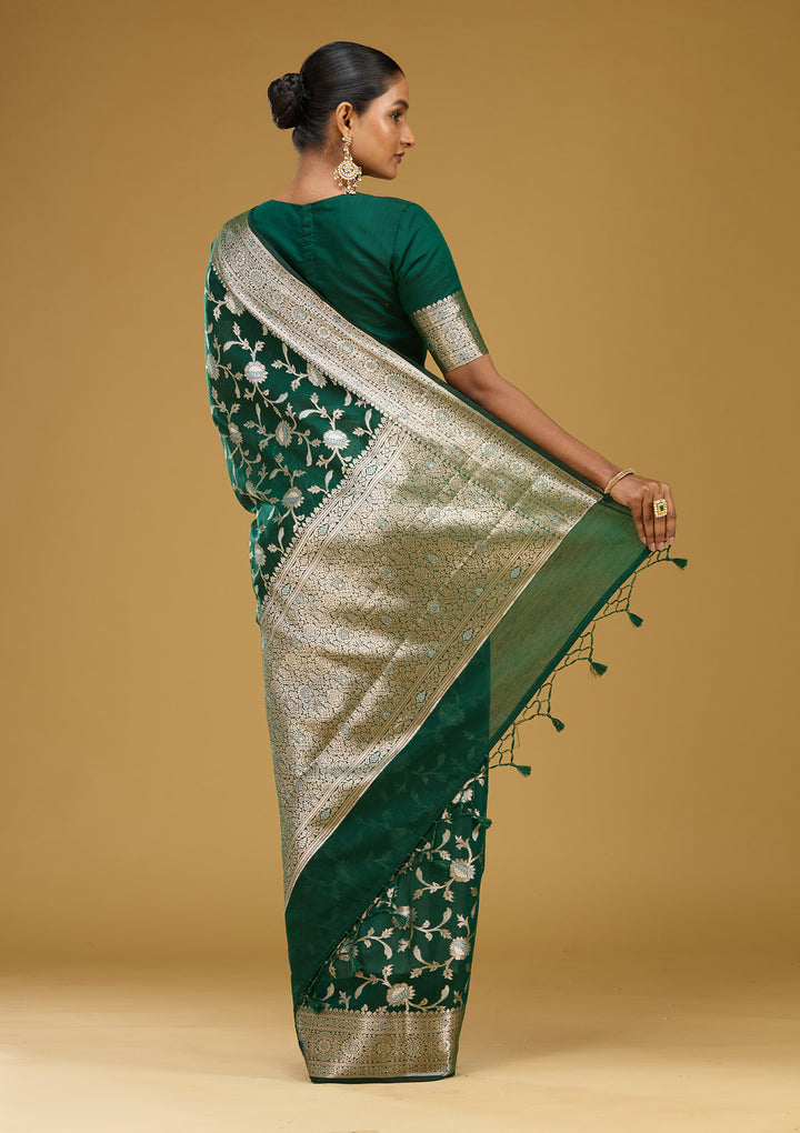 Bottle Green Cotton Jaal Zariwork Saree With Matching Blouse Piece